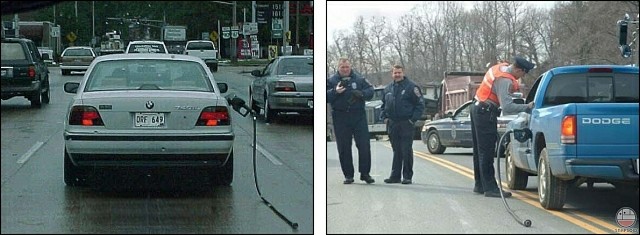 BMW & Dodge versus woman & fuel pump...